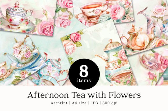 Afternoon Tea Flowers Watercolor Cards Illustrations