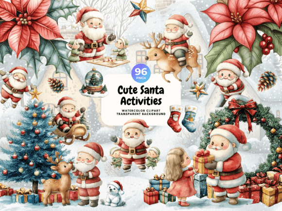 Cute Santa Clause Watercolor Clipart Illustrations