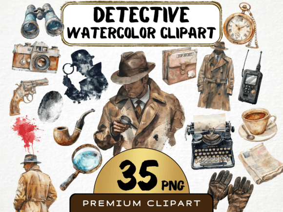Detective Watercolor Clipart Bundle PNG Illustrations