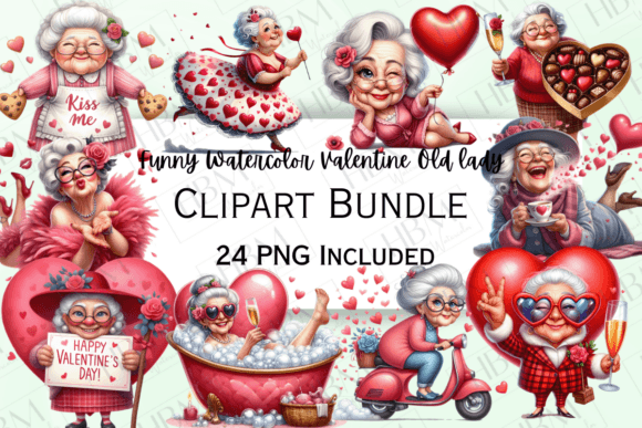 Funny Watercolor Valentine Old Lady Illustrations
