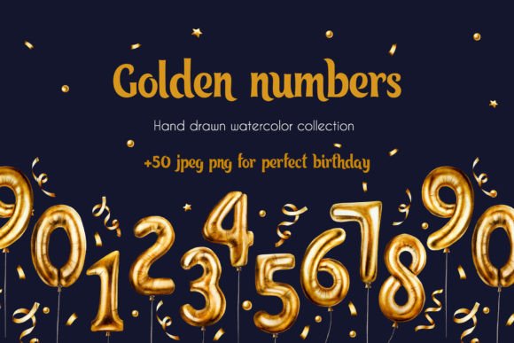Golden Birthday Numbers Watercolor Art Illustrations