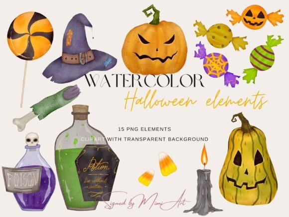 Halloween Spooky Watercolor Clipart Illustrations