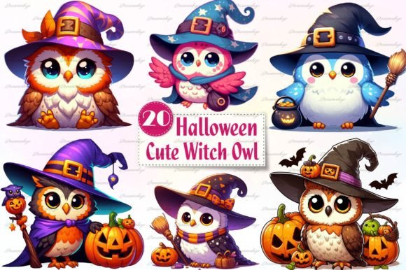 Halloween Witch Owl Watercolor Clipart Illustrations
