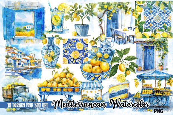 Mediterranean Watercolor Clipart PNG for Illustrations