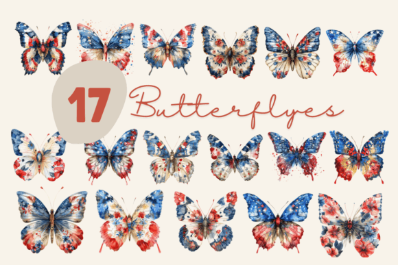 Patriotic Watercolor Butterflies Flowers Illustrations