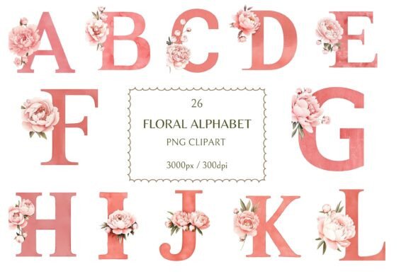 Red Floral Watercolor Alphabet Monograms: Editorial Illustrations