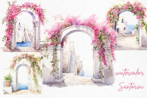 Santorini Greece Watercolor Clipart Illustrations
