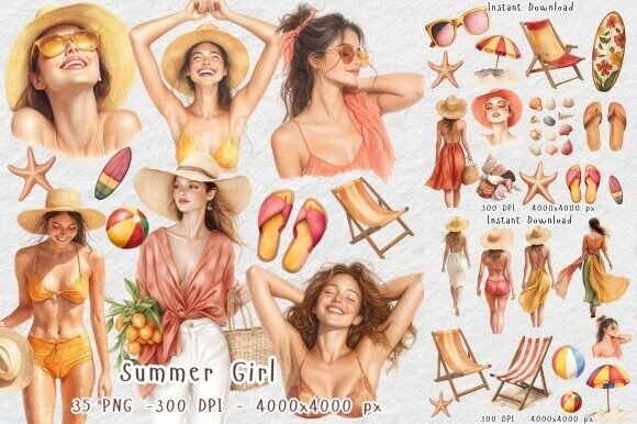 Summer Girl Watercolor Clipart for Brand Illustrations