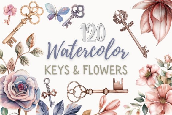 Vintage Keys Flowers Clipart Watercolor Illustrations