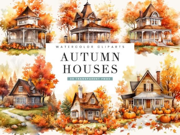 Watercolor Autumn House Illustrations for Branding