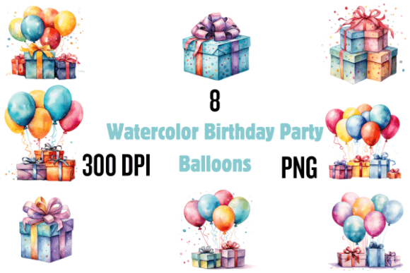 Watercolor Birthday Gift Party Balloons Illustrations