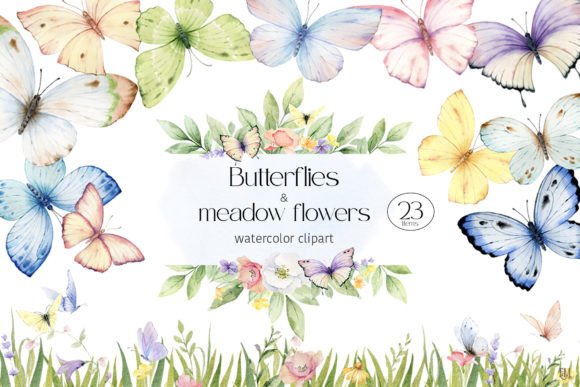 Watercolor Butterfly Flowers Clipart PNG Illustrations