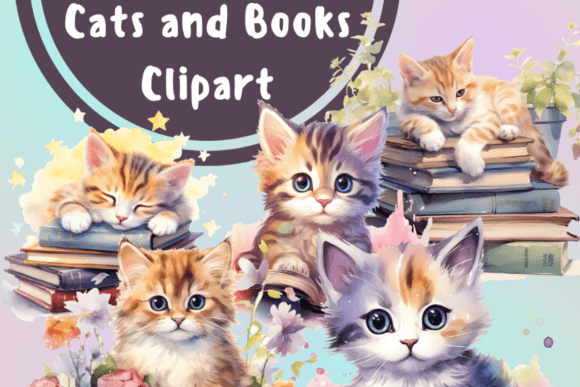 Watercolor Cats and Books Illustrations for Digital Products