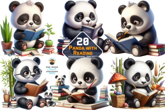 Watercolor Cute Baby Panda Reading PNG Illustrations