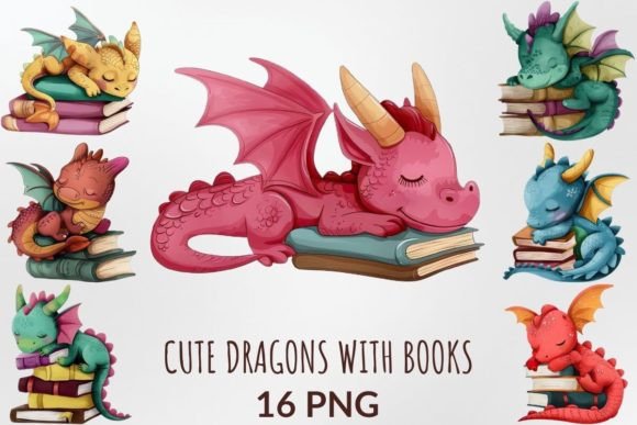 Watercolor Cute Dragons with Books Illustrations Review