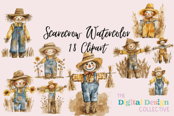 Watercolor Fall Scarecrow Clipart in Illustrations