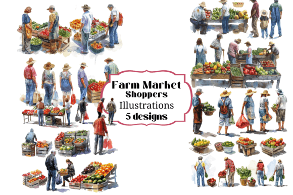 Watercolor Farmer s Market Shoppers Illustrations