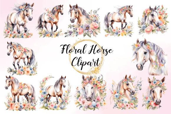 Watercolor Floral Horse Clipart for Illustrations