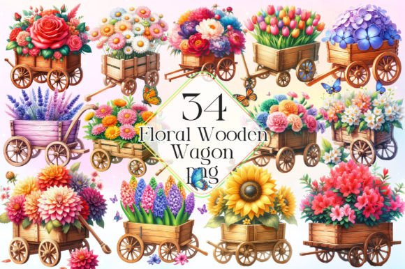 Watercolor Floral Wooden Wagon Clipart Illustrations