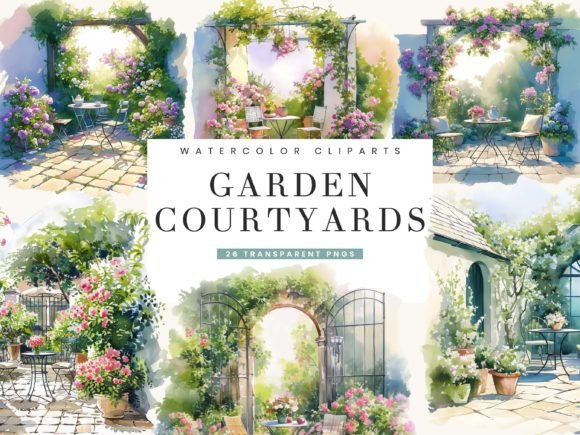 Watercolor Garden Courtyards Clipart: Illustrations Review