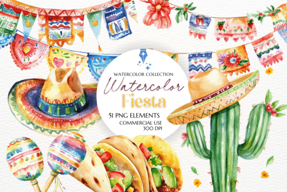 Watercolor Mexican Fiesta Clipart: Illustrations for Local Brands