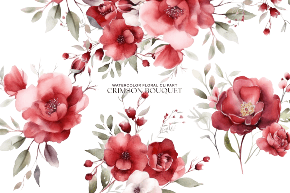 Watercolor Red Flowers Clipart Set: Editorial Illustrations