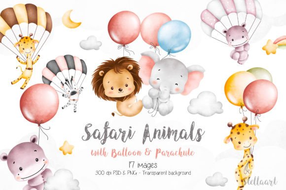 Watercolor Safari Animals with Balloons Illustrations