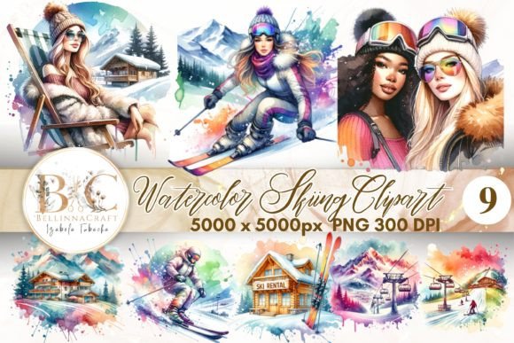 Watercolor Skiing Clipart Illustrations for Winter Sales