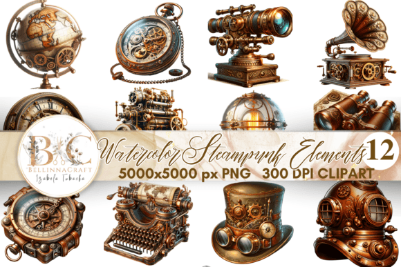 Watercolor Steampunk Elements Clipart Illustrations