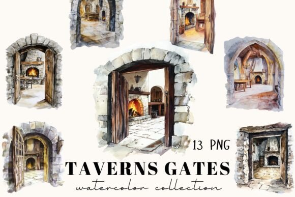 Watercolor Taverns Gates Illustrations for Design