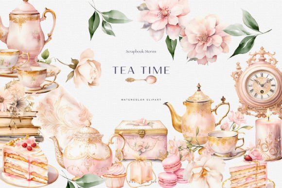 Watercolor Tea Time Clipart Set: Editorial Illustrations