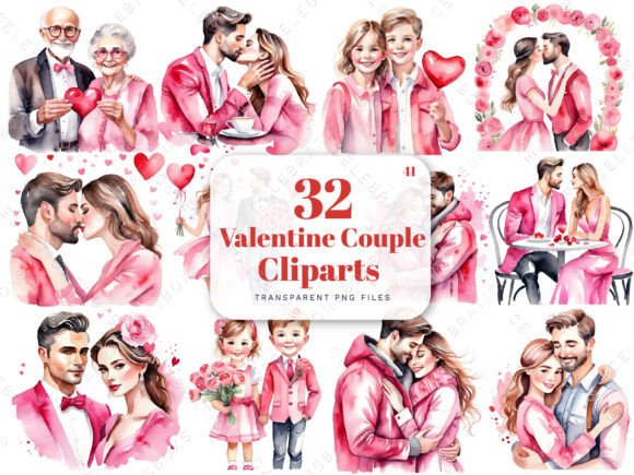 Watercolor Valentine Couple Clipart PNG Illustrations