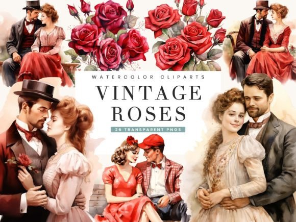 Watercolor Vintage Roses Clipart Bundle: Editorial Illustrations