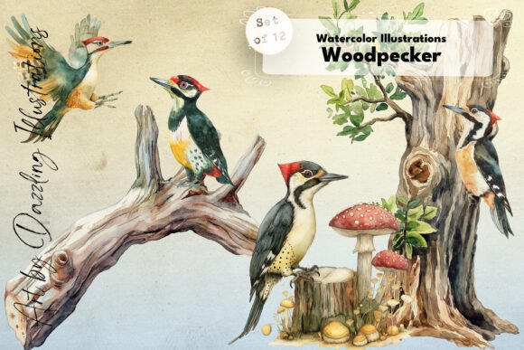 Watercolor Woodpeckers and Elegant Trees Illustrations