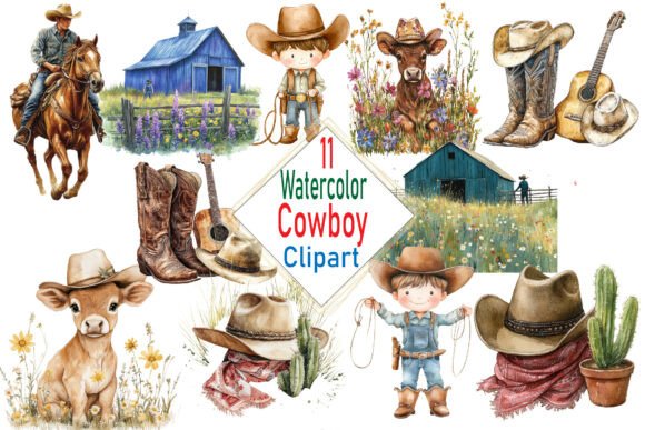 Western Watercolor Cowboy Clipart Bundle: Illustrations Review