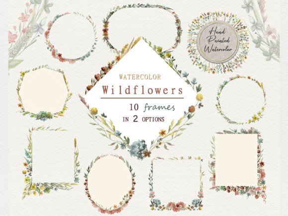 Wildflowers Frame Watercolor Clipart: Editorial Illustrations